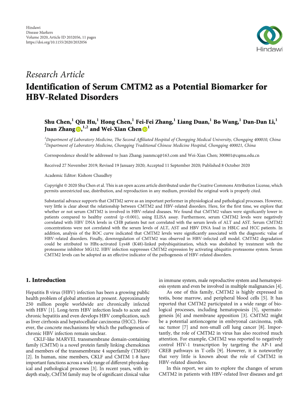 Identification of Serum CMTM2 As a Potential Biomarker for HBV-Related Disorders