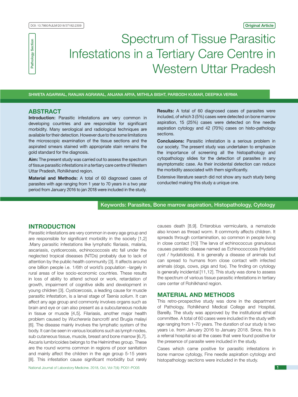 Spectrum of Tissue Parasitic Infestations in a Tertiary Care Centre In