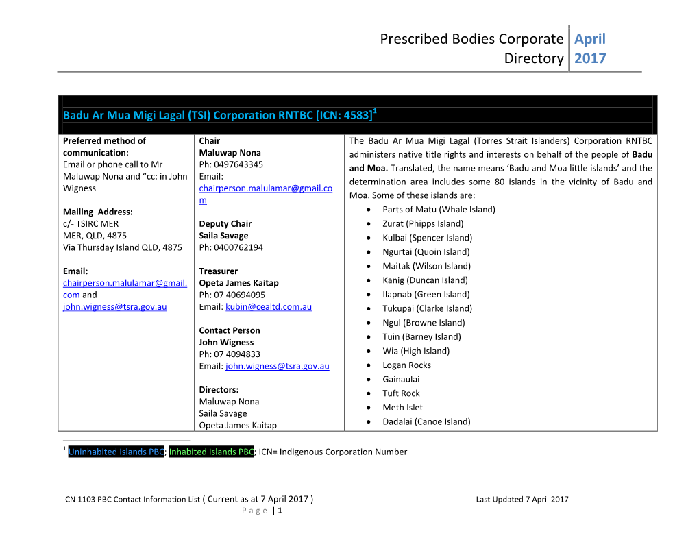 Prescribed Bodies Corporate Directory April 2017