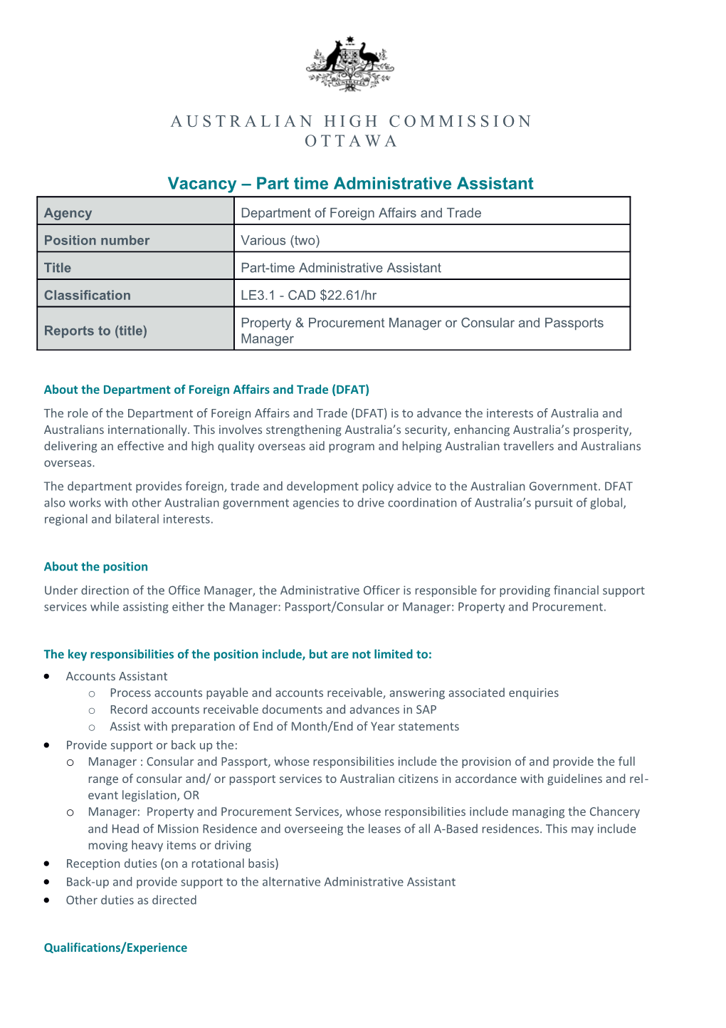 Vacancy Part Time Administrative Assistant