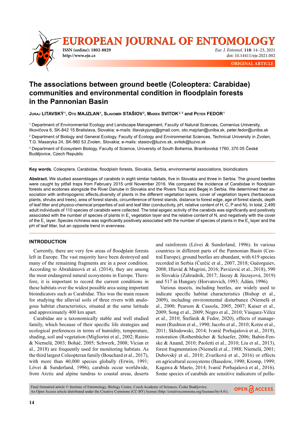 (Coleoptera: Carabidae) Communities and Environmental Condition in ﬂ Oodplain Forests in the Pannonian Basin