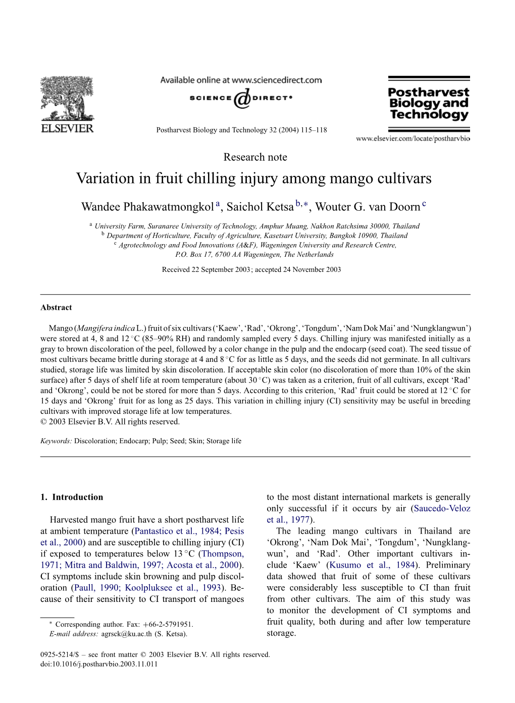 Variation in Fruit Chilling Injury Among Mango Cultivars