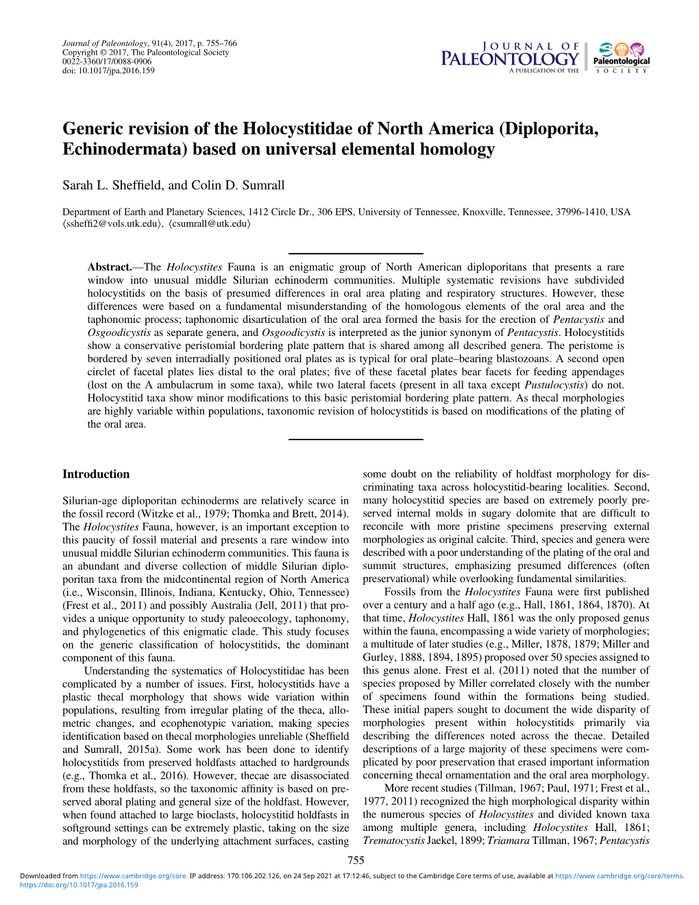 Generic Revision of the Holocystitidae of North America (Diploporita, Echinodermata) Based on Universal Elemental Homology