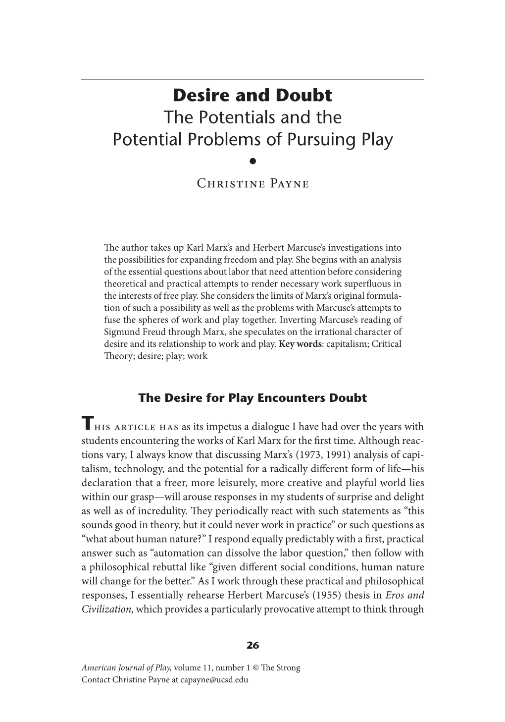 Desire and Doubt the Potentials and the Potential Problems of Pursuing Play • Christine Payne