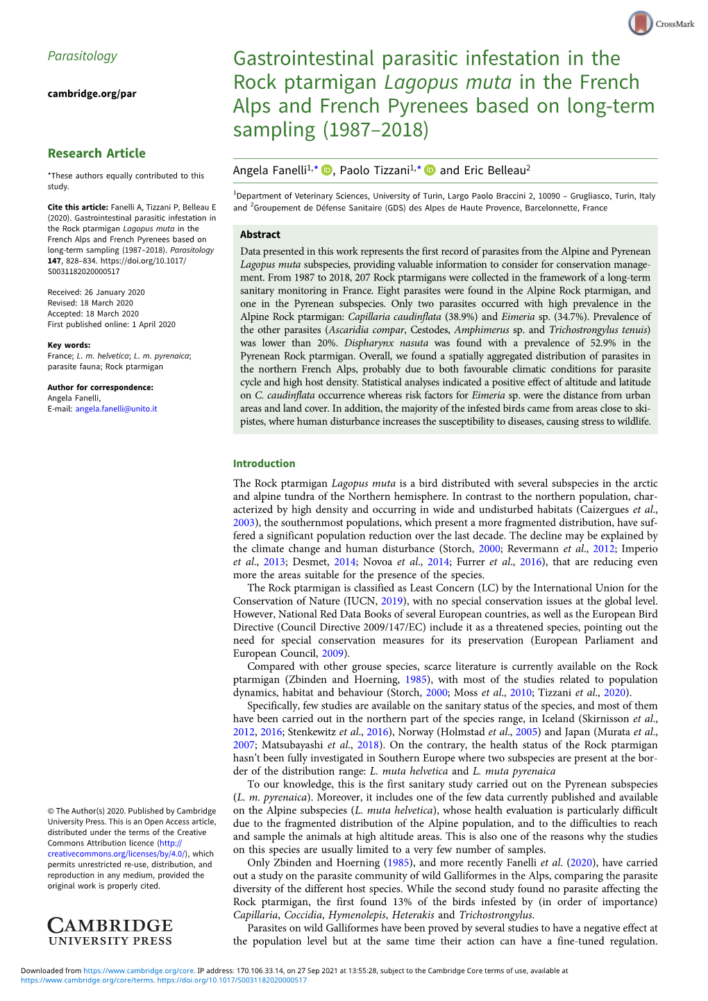 Gastrointestinal Parasitic Infestation in the Rock Ptarmigan Lagopus Muta in the French Alps and French Pyrenees Based on Long-T