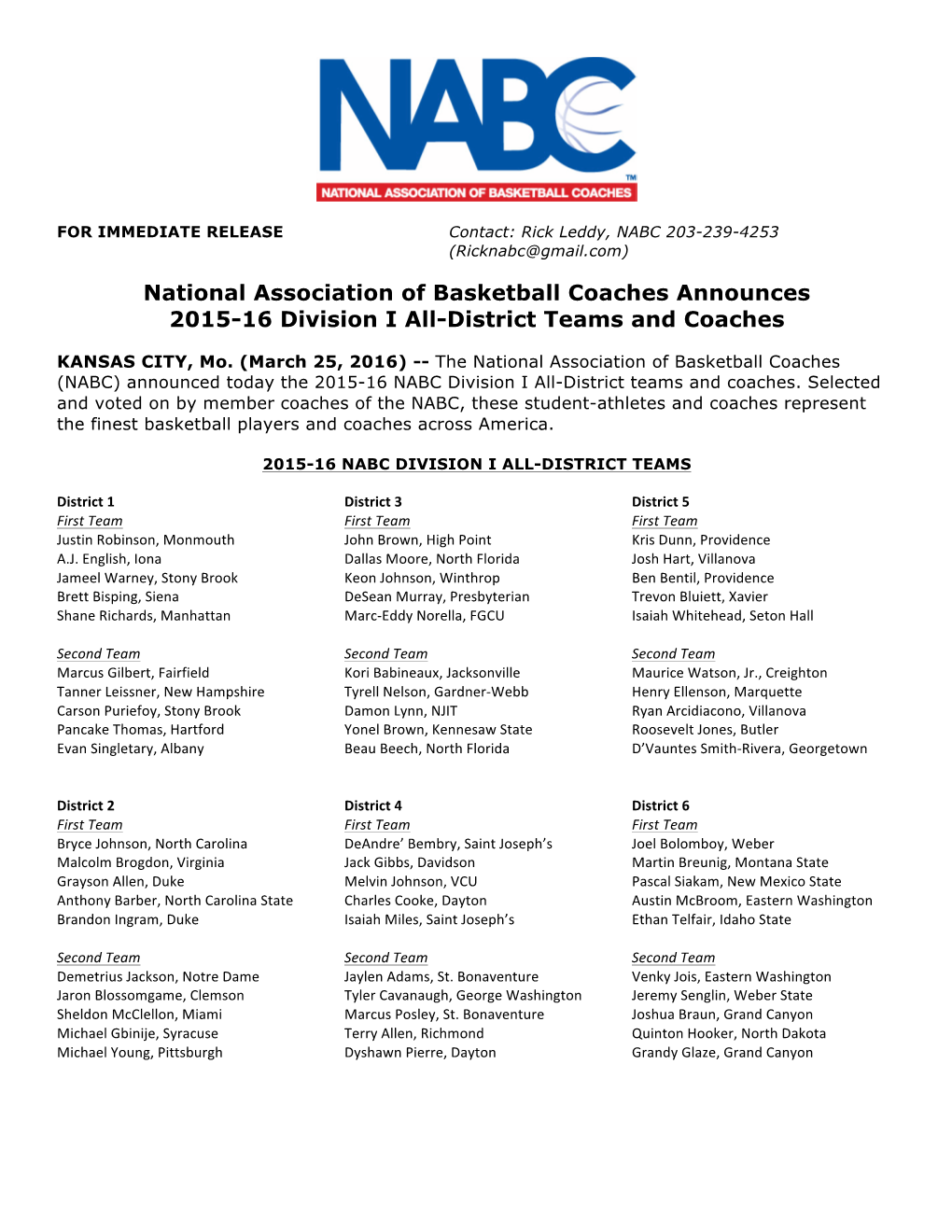 National Association of Basketball Coaches Announces 2015-16 Division I All-District Teams and Coaches