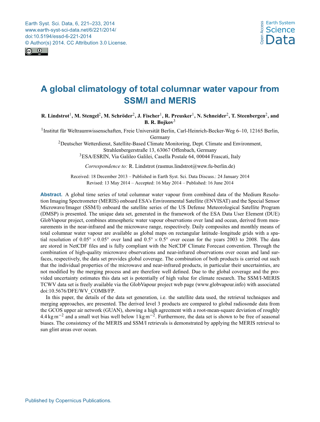 A Global Climatology of Total Columnar Water Vapour from SSM/I and MERIS