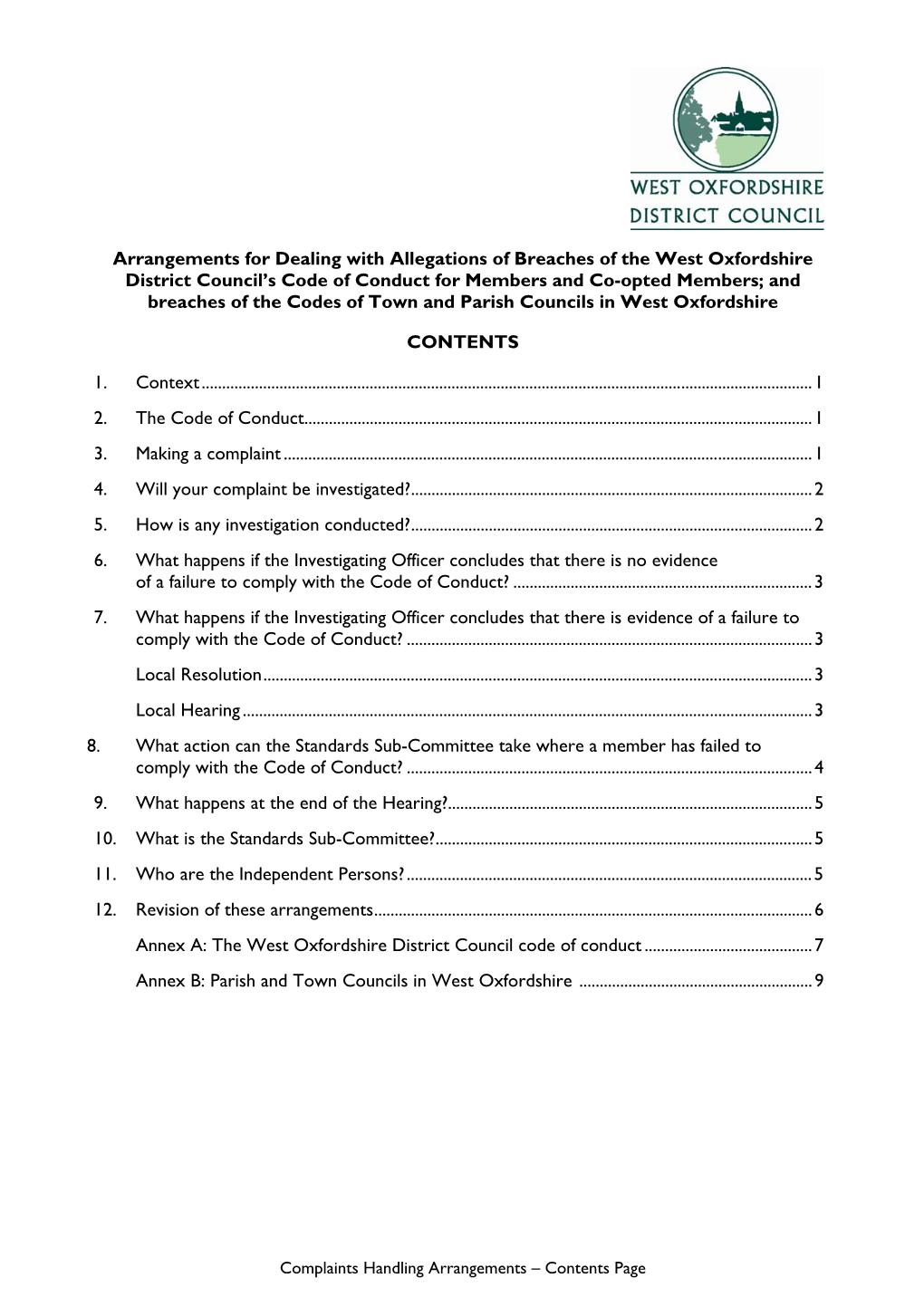 Complaints Handling Arrangements – Contents Page