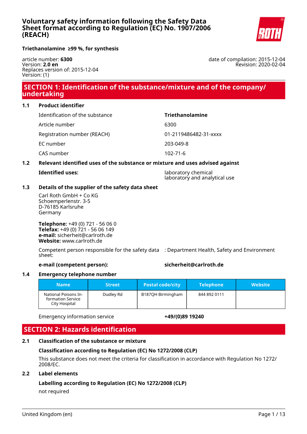 Safety Data Sheet: Triethanolamine