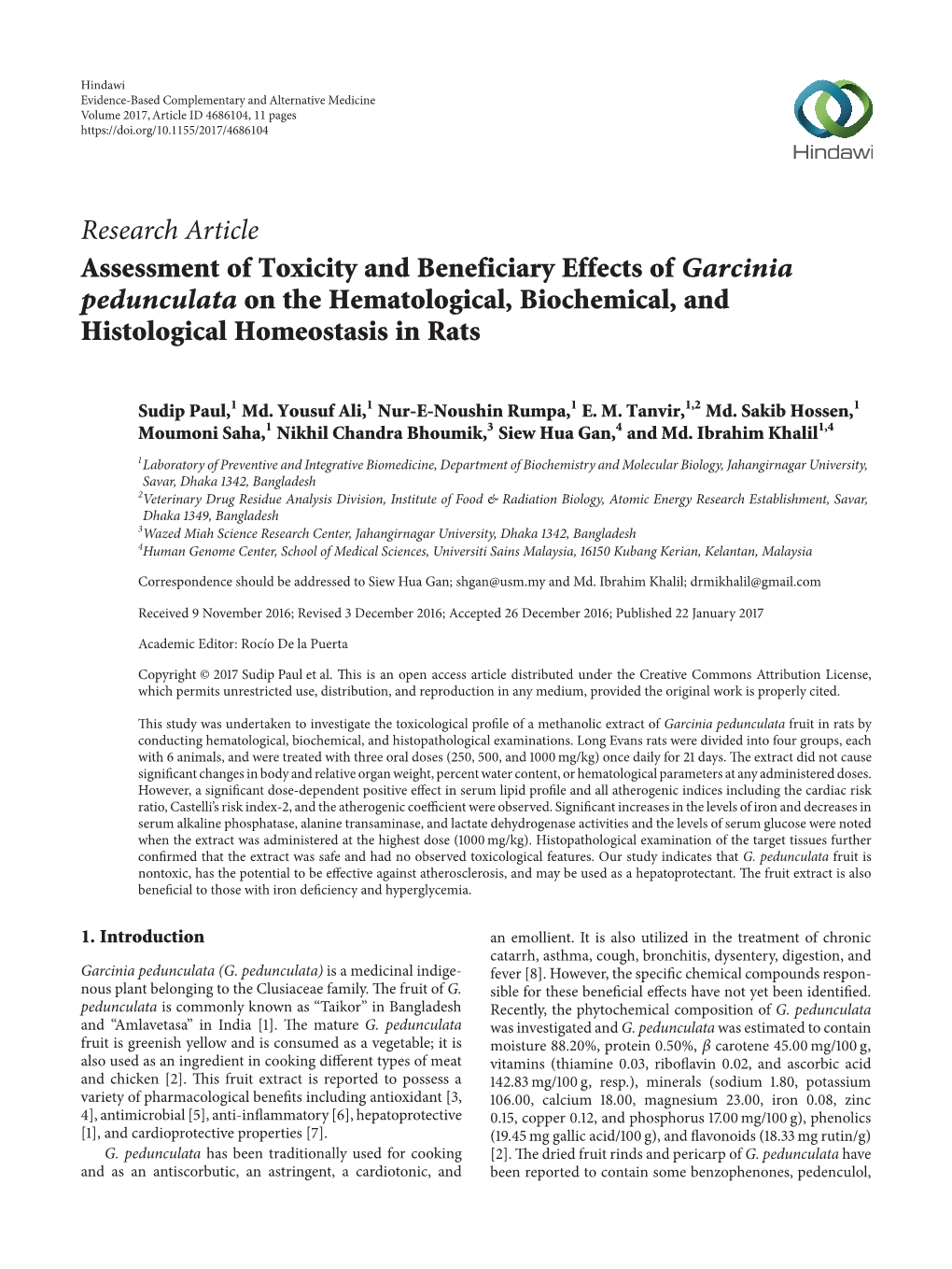 Assessment of Toxicity and Beneficiary Effects of Garcinia Pedunculata on the Hematological, Biochemical, and Histological Homeostasis in Rats