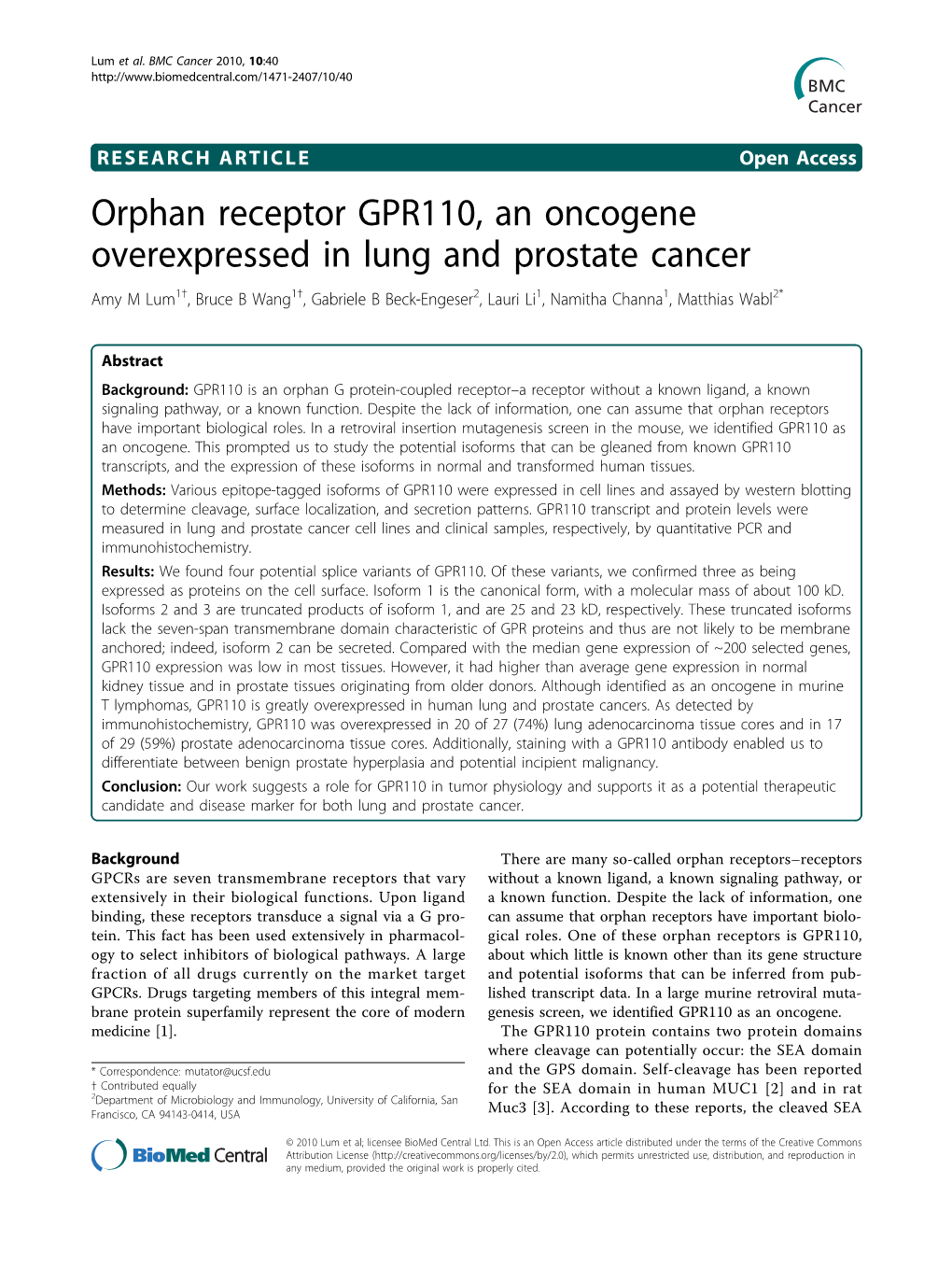 Orphan Receptor GPR110, an Oncogene Overexpressed in Lung