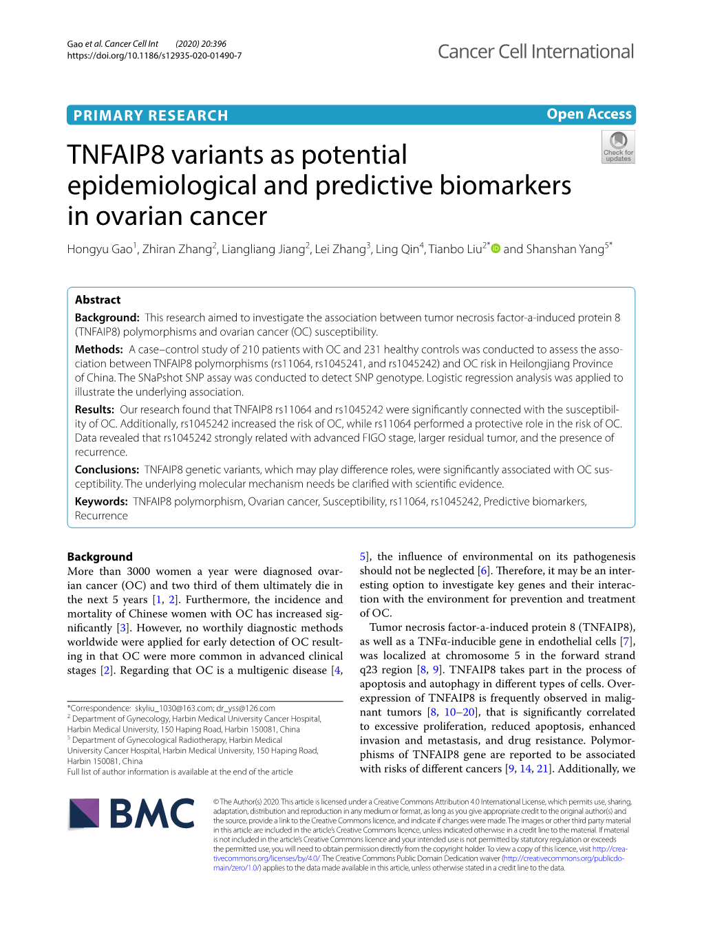 TNFAIP8 Variants As Potential Epidemiological and Predictive Biomarkers in Ovarian Cancer