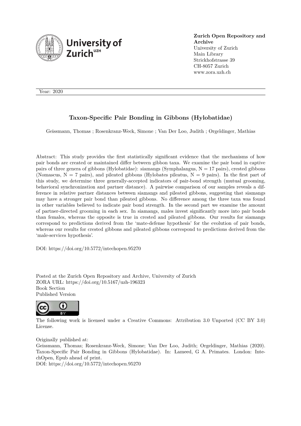 Taxon-Specific Pair Bonding in Gibbons (Hylobatidae)