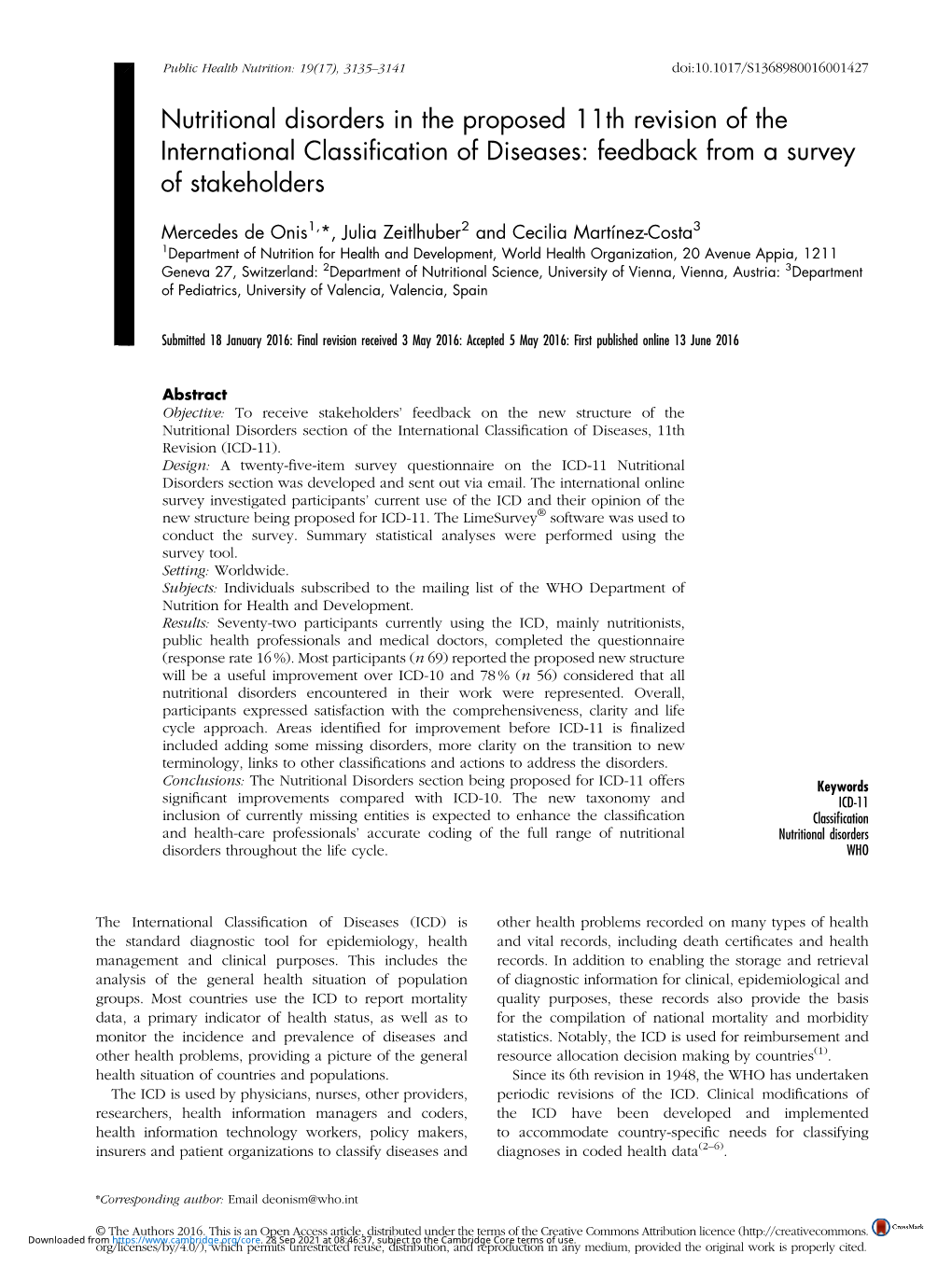 Nutritional Disorders in the Proposed 11Th Revision of the International Classiﬁcation of Diseases: Feedback from a Survey of Stakeholders