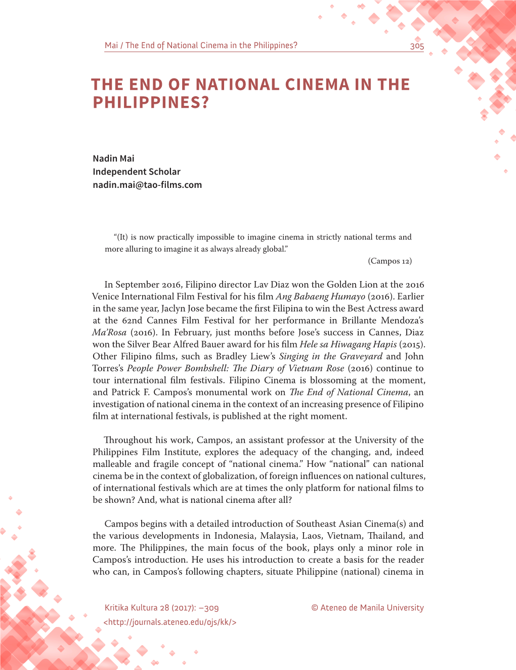 The End of National Cinema in the Philippines? 305