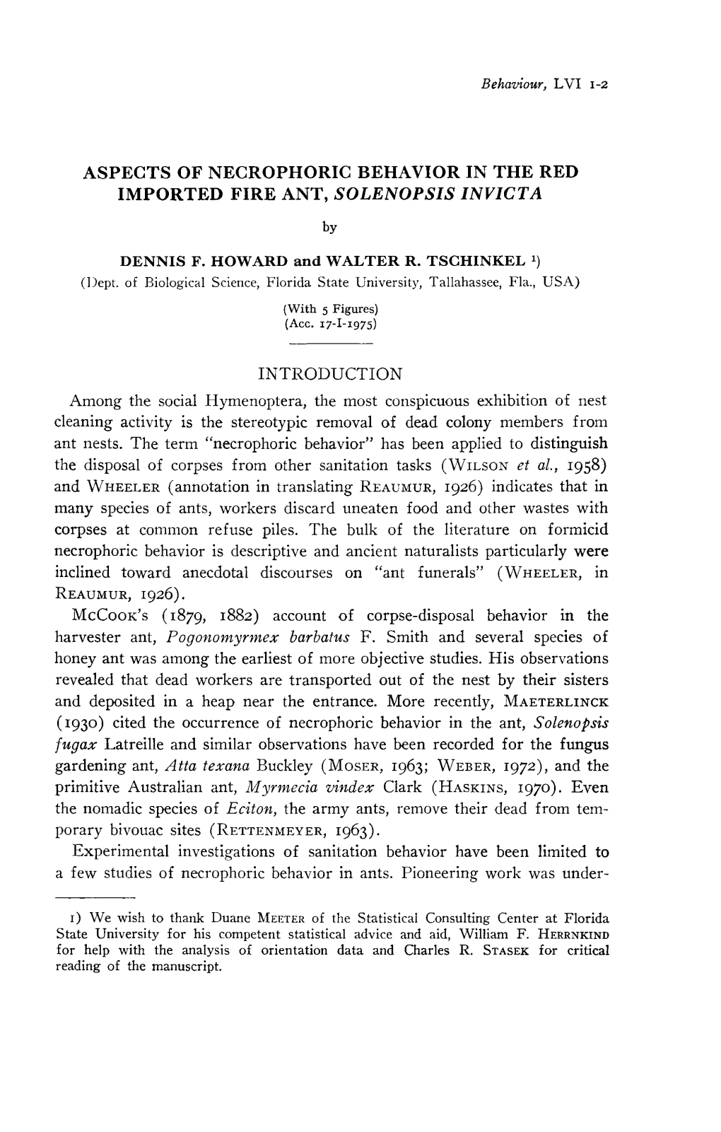 Necrophoric Behavior in the Red Imported Fire Ant, Solenopsis Invicta