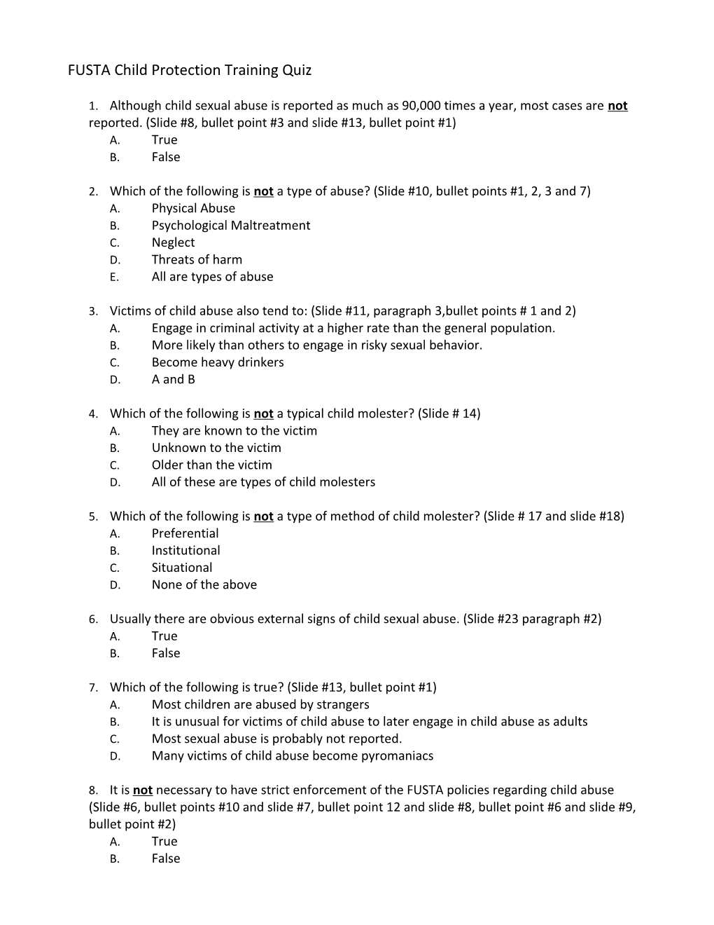 FUSTA Child Protection Training Quiz