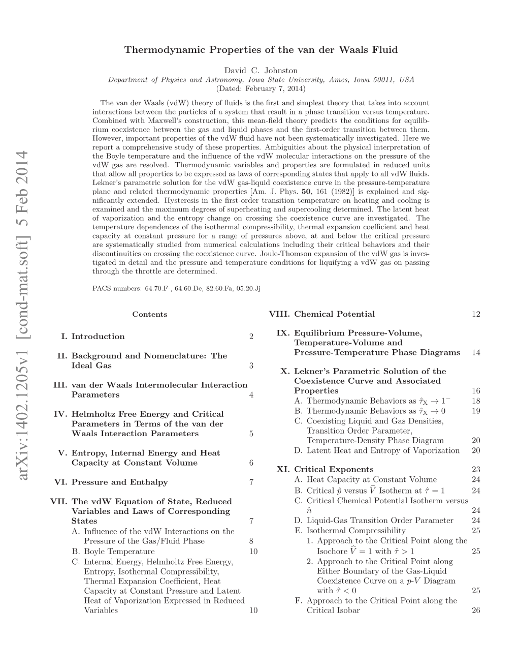 Arxiv:1402.1205V1 [Cond-Mat.Soft] 5 Feb 2014 I.Tevweuto Fsae Reduced State, of Equation Vdw the VII