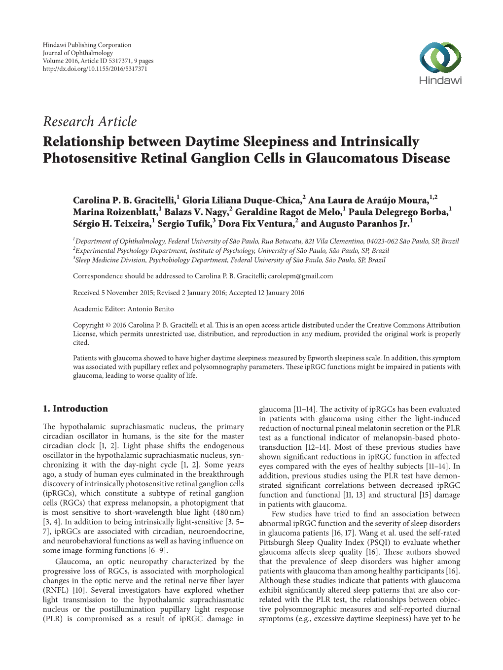 Research Article Relationship Between Daytime Sleepiness and Intrinsically Photosensitive Retinal Ganglion Cells in Glaucomatous Disease