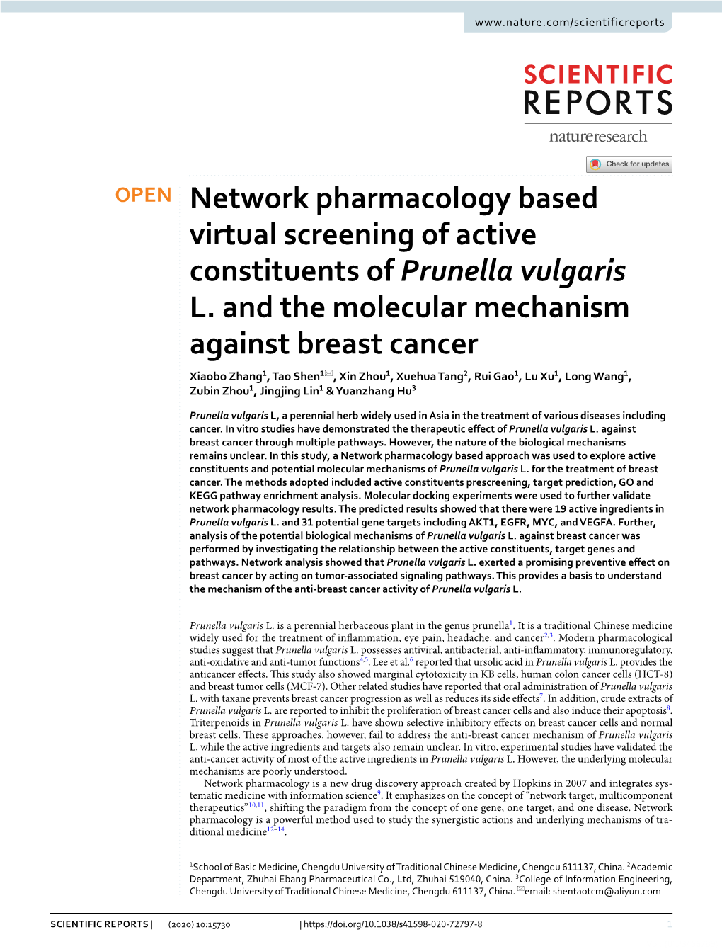 Network Pharmacology Based Virtual Screening of Active Constituents of Prunella Vulgaris L