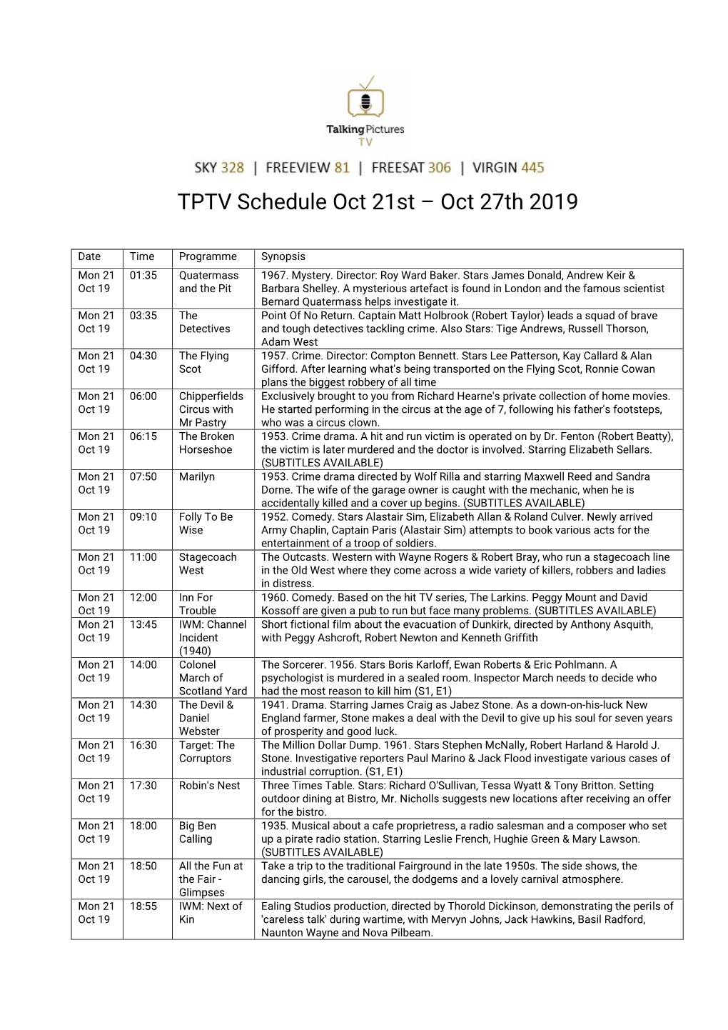 TPTV Schedule Oct 21St – Oct 27Th 2019