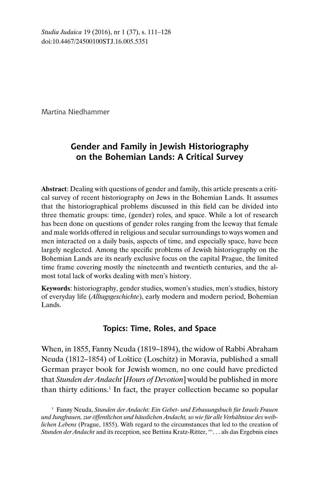 Gender and Family in Jewish Historiography on the Bohemian Lands: a Critical Survey