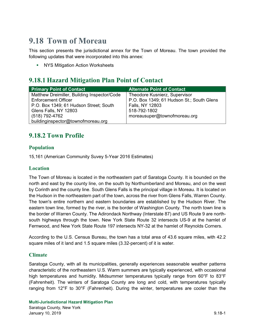 9.18 Town of Moreau This Section Presents the Jurisdictional Annex for the Town of Moreau