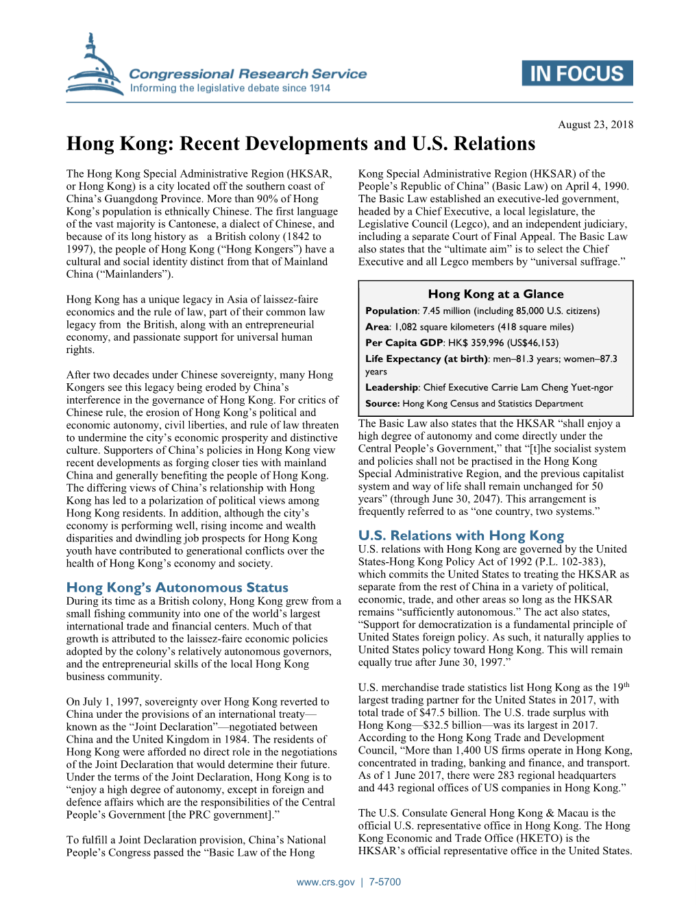 Hong Kong: Recent Developments and US Relations