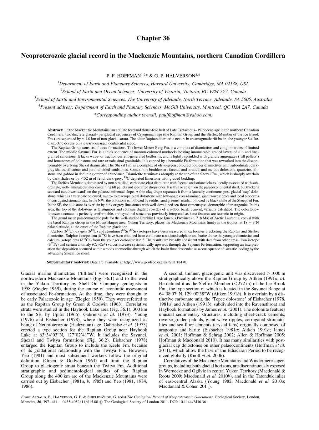 Chapter 36 Neoproterozoic Glacial Record in the Mackenzie Mountains