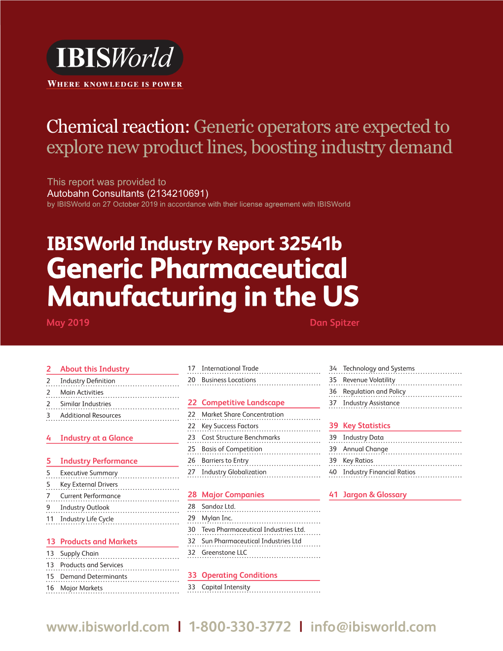 Generic Pharmaceutical Manufacturing in the US May 2019 1