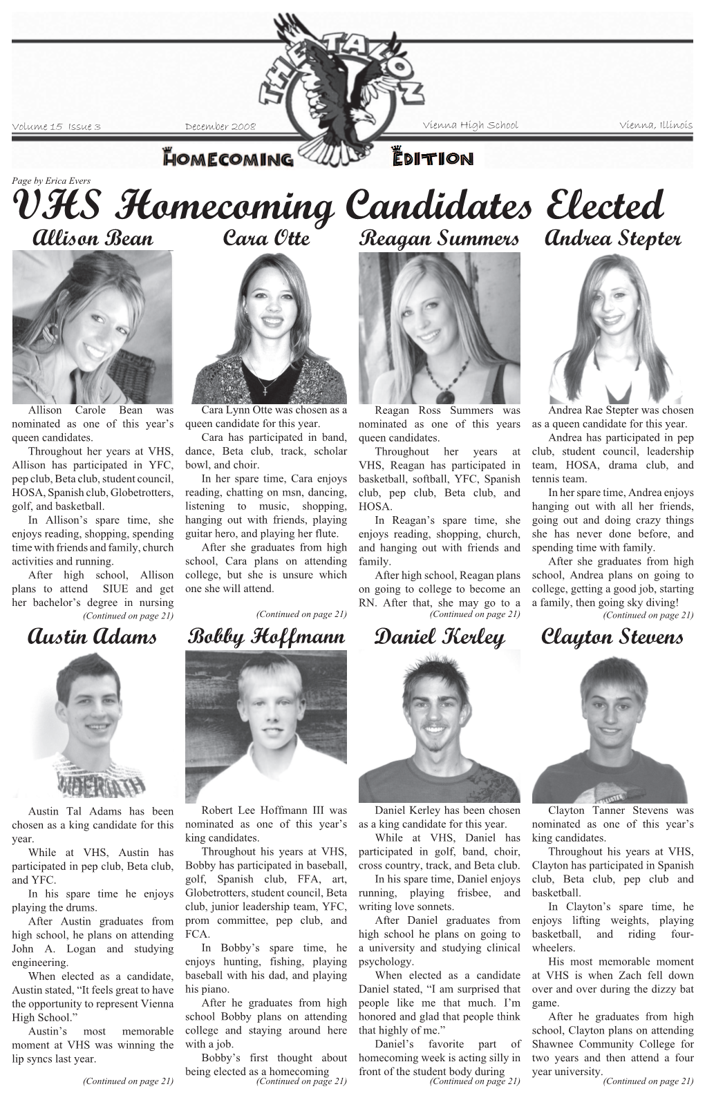 VHS Homecoming Candidates Elected Allison Bean Cara Otte Reagan Summers Andrea Stepter