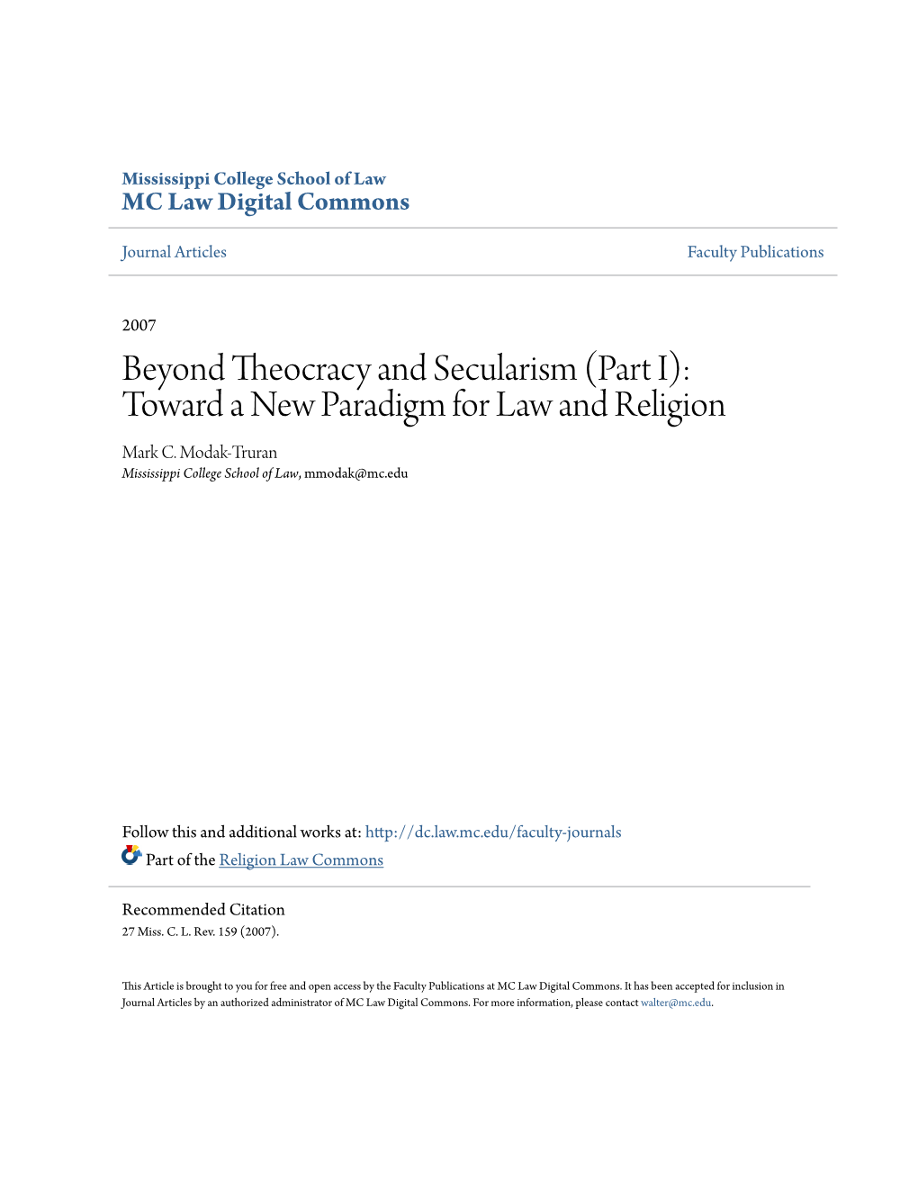 Beyond Theocracy and Secularism (Part I): Toward a New Paradigm for Law and Religion Mark C