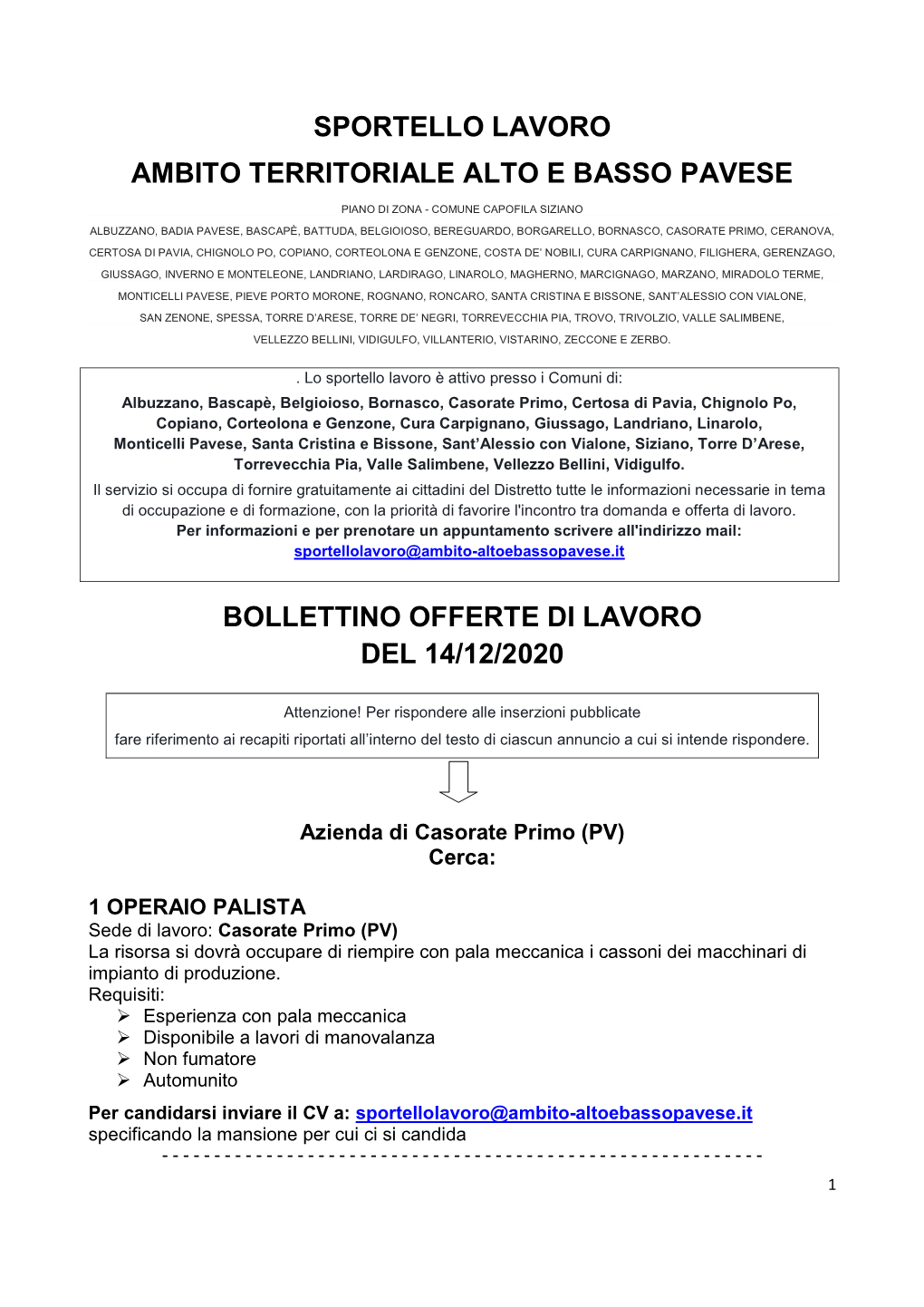 Bollettino Offerte Di Lavoro Del 14/12/2020