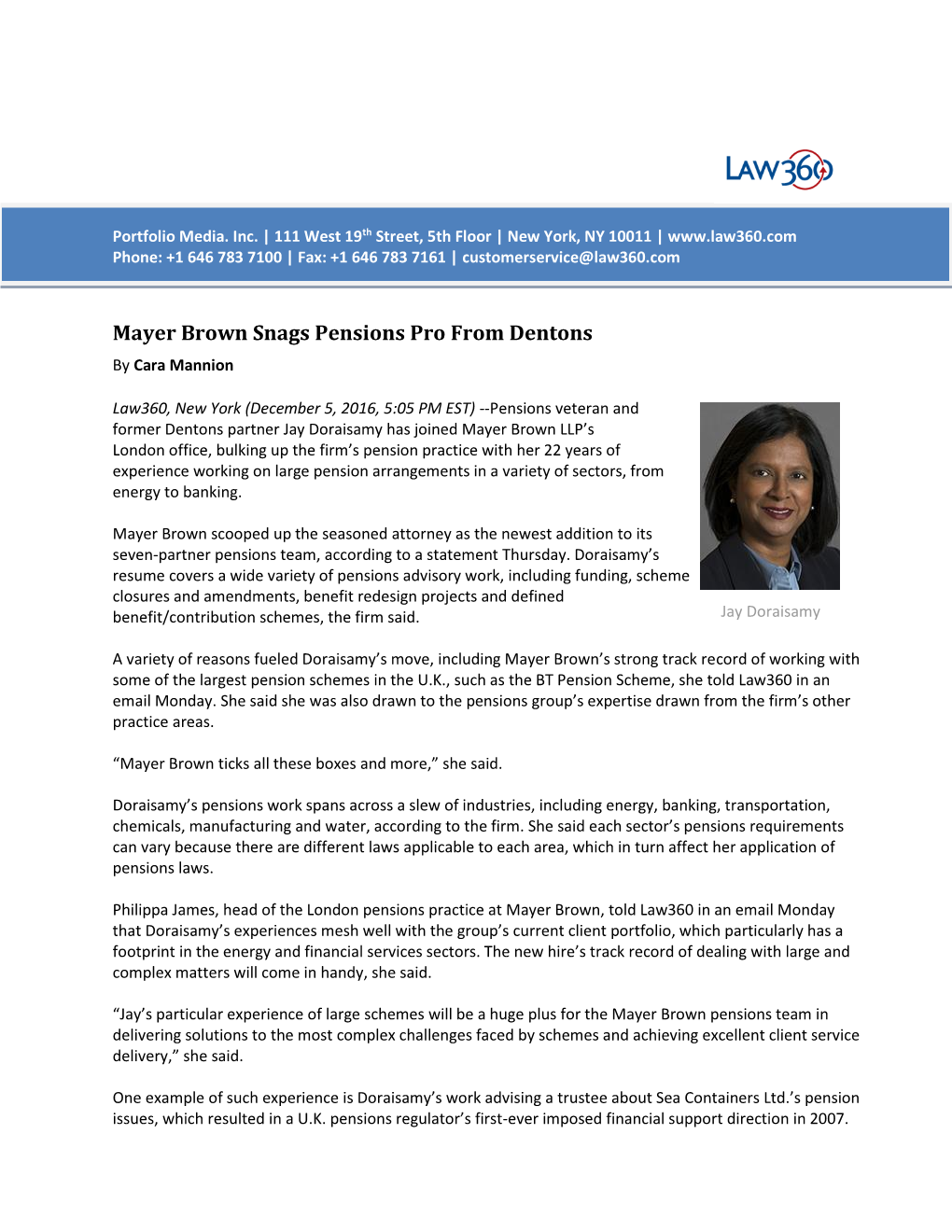 Mayer Brown Snags Pensions Pro from Dentons by Cara Mannion