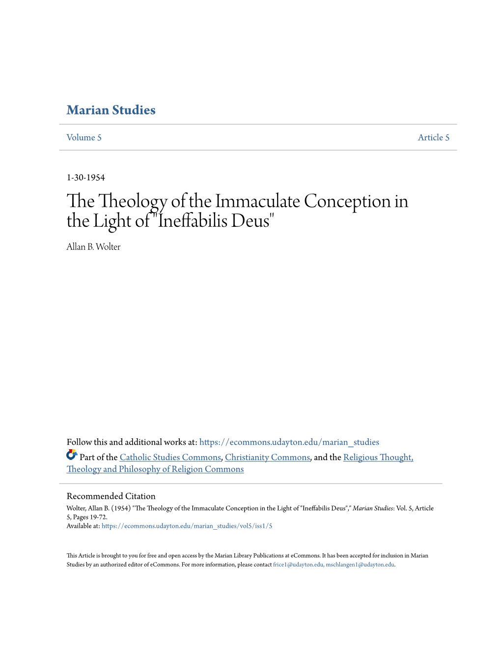 The Theology of the Immaculate Conception in the Light of 