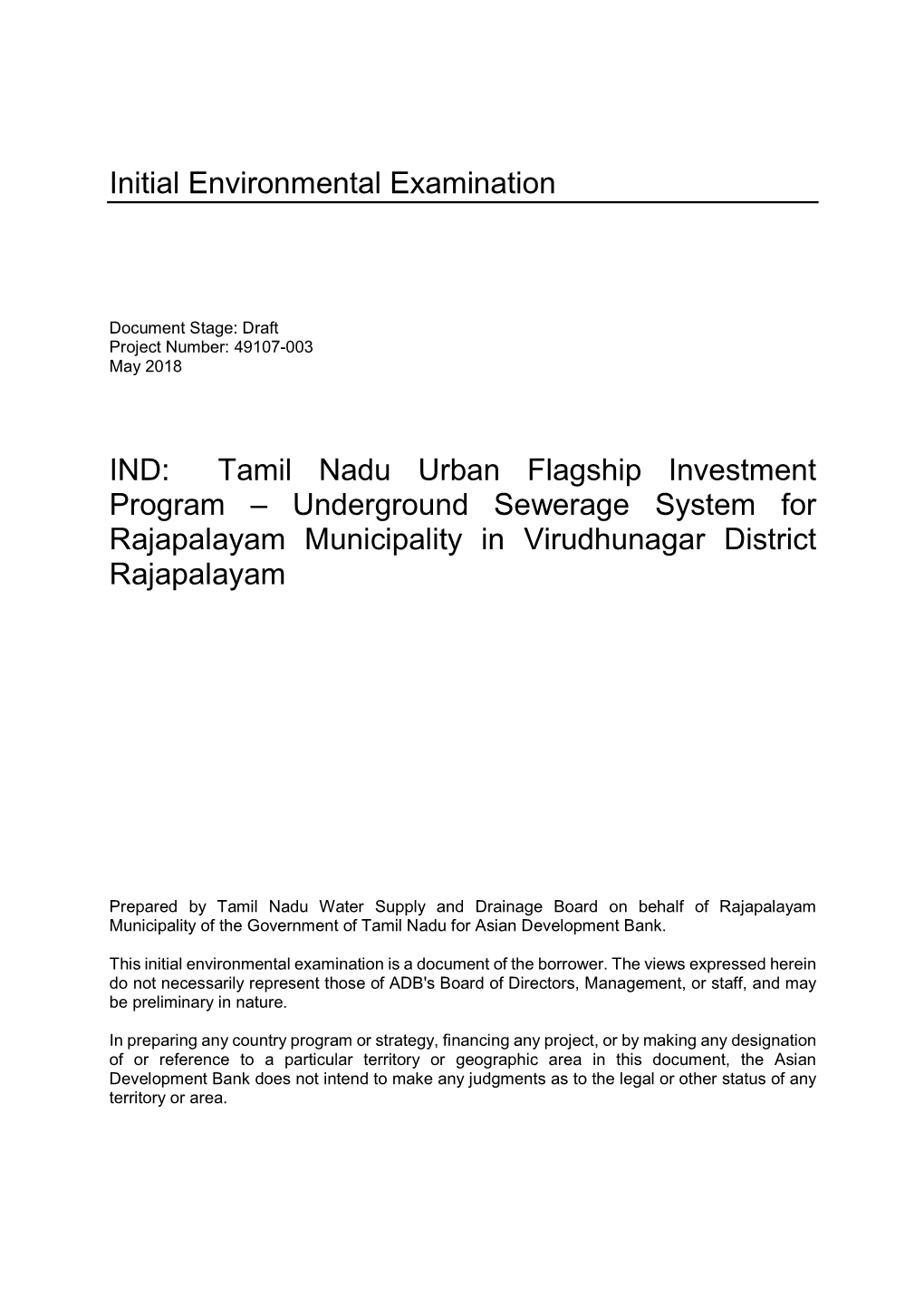 Initial Environmental Examination IND: Tamil Nadu Urban Flagship