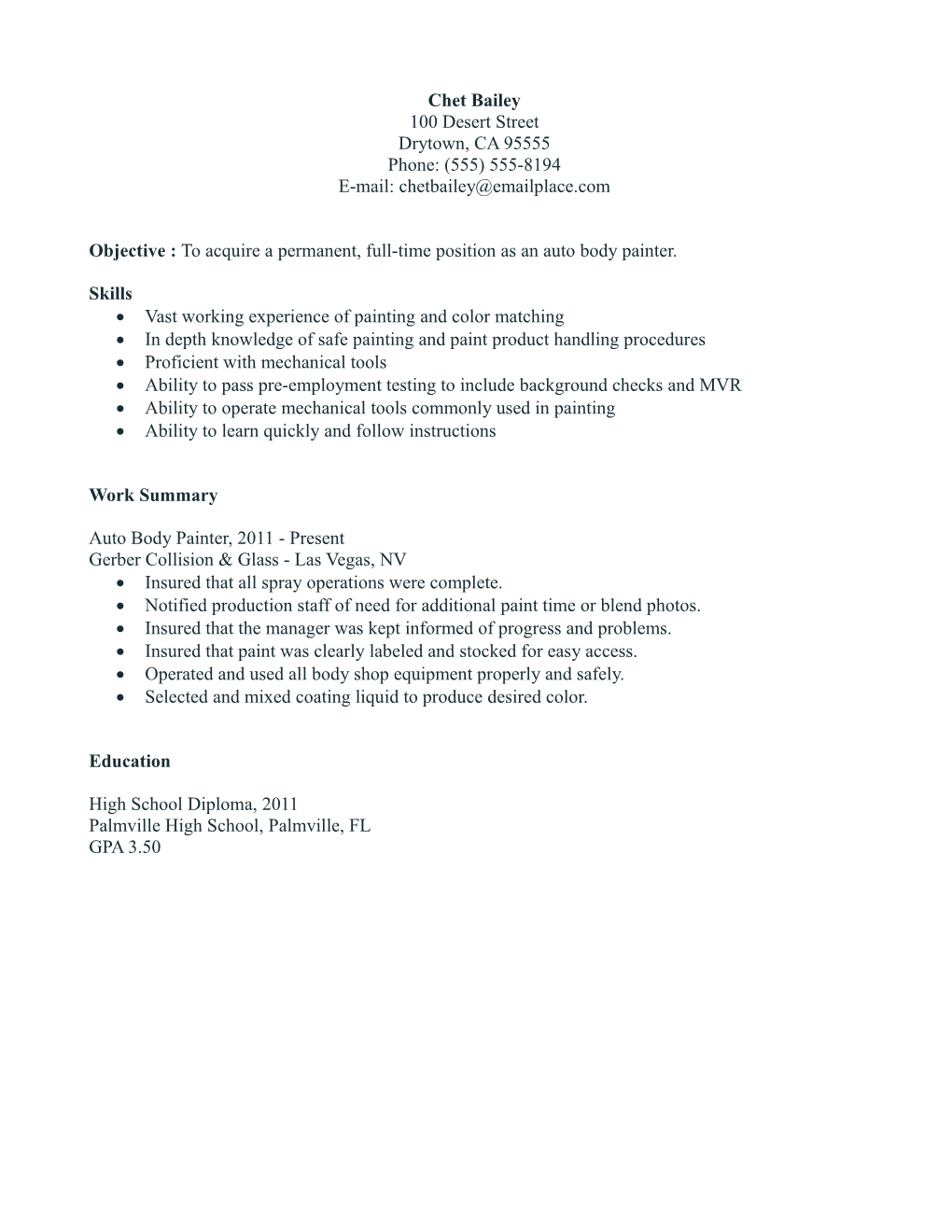 Auto Body Painter Resume Example