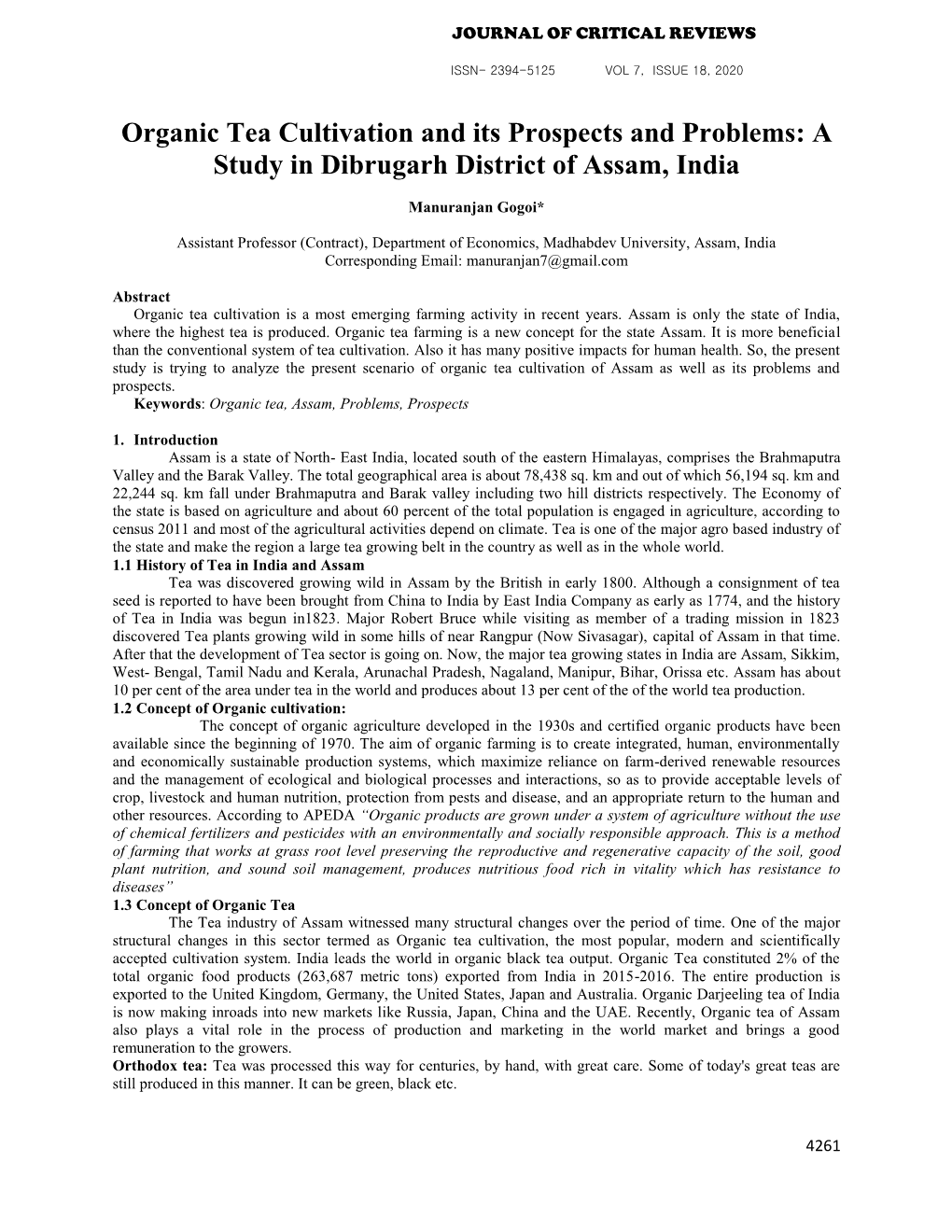 Organic Tea Cultivation and Its Prospects and Problems: a Study in Dibrugarh District of Assam, India