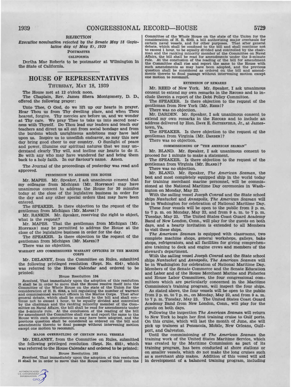 1939. (JONGRESSIONAL ;RECORD-HOUSE REJECTION Committee of the Whole House on the State of the Union for the Consideration of H