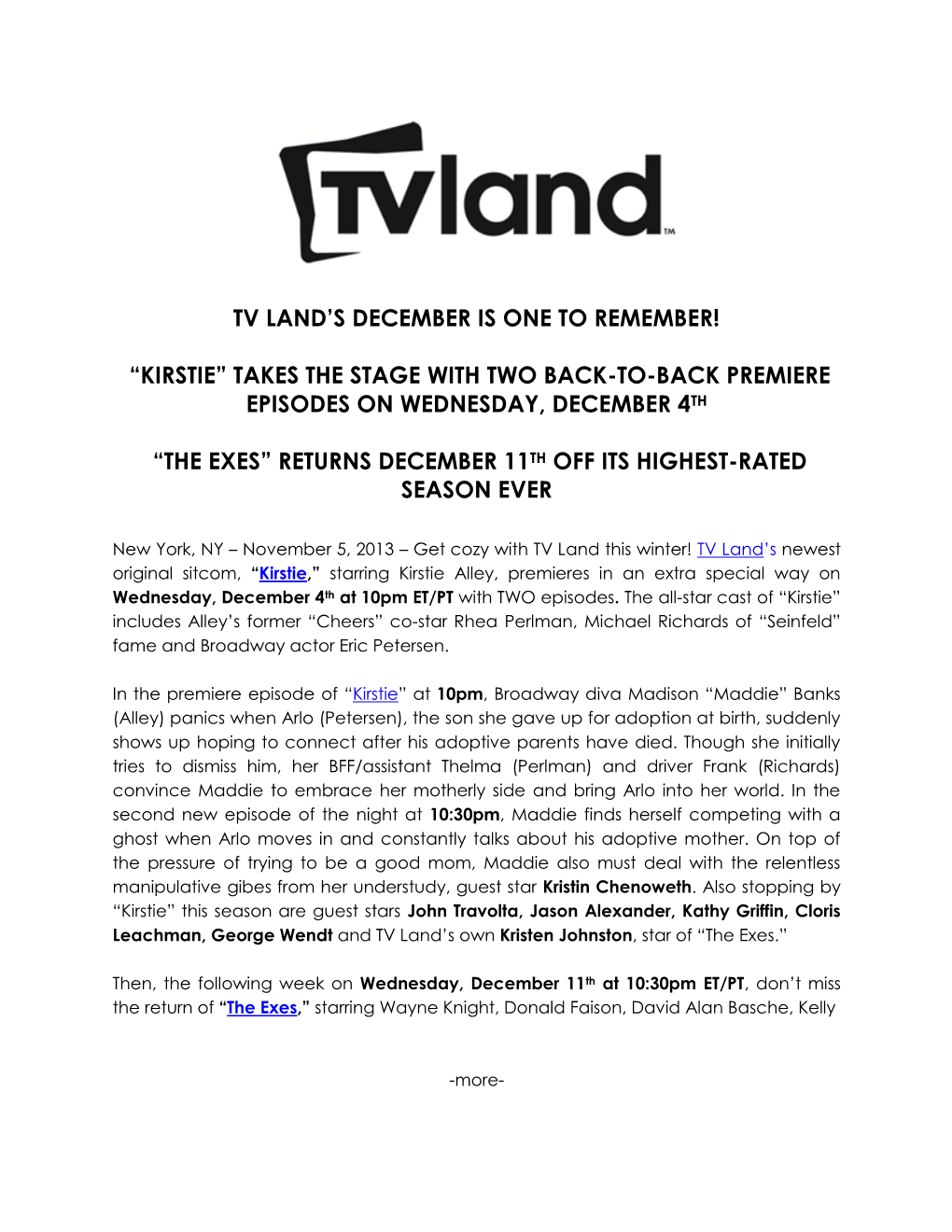 Tv Land's December Is One to Remember! “Kirstie” Takes