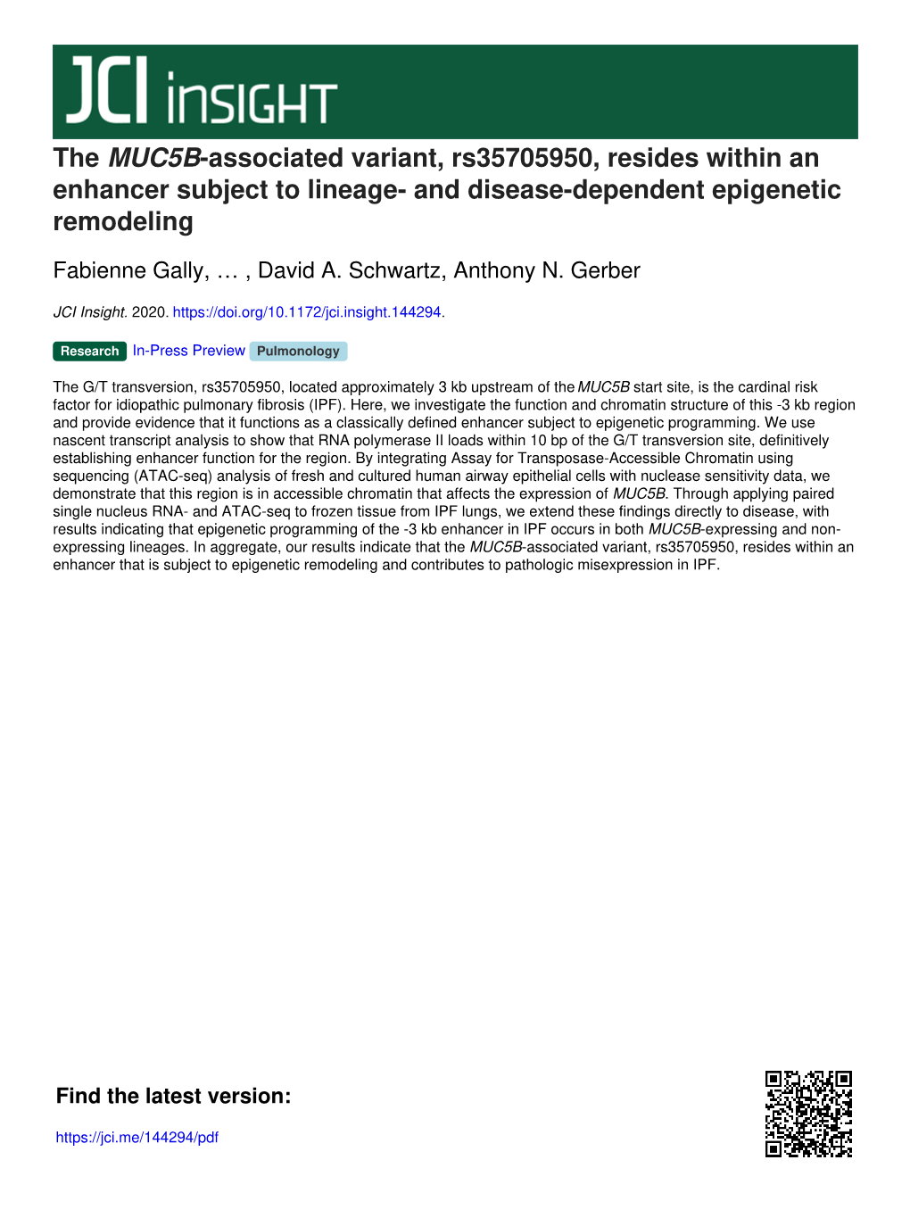 The MUC5B-Associated Variant, Rs35705950, Resides Within an Enhancer Subject to Lineage- and Disease-Dependent Epigenetic Remodeling