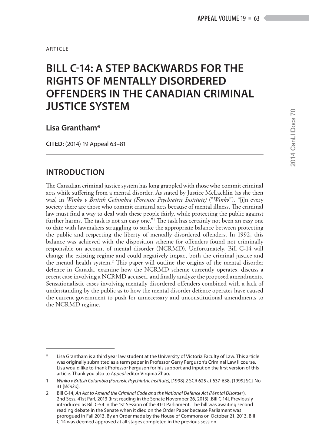 Bill C-14: a Step Backwards for the Rights of Mentally Disordered Offenders in the Canadian Criminal Justice System