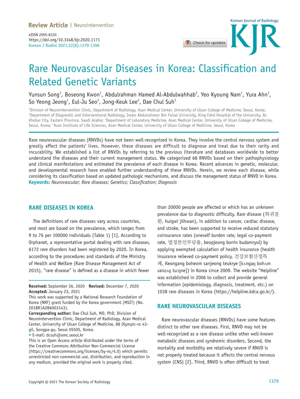 Rare Neurovascular Diseases in Korea: Classification and Related