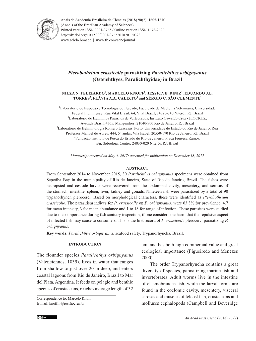 Pterobothrium Crassicolle Parasitizing Paralichthys Orbignyanus (Osteichthyes, Paralichthyidae) in Brazil