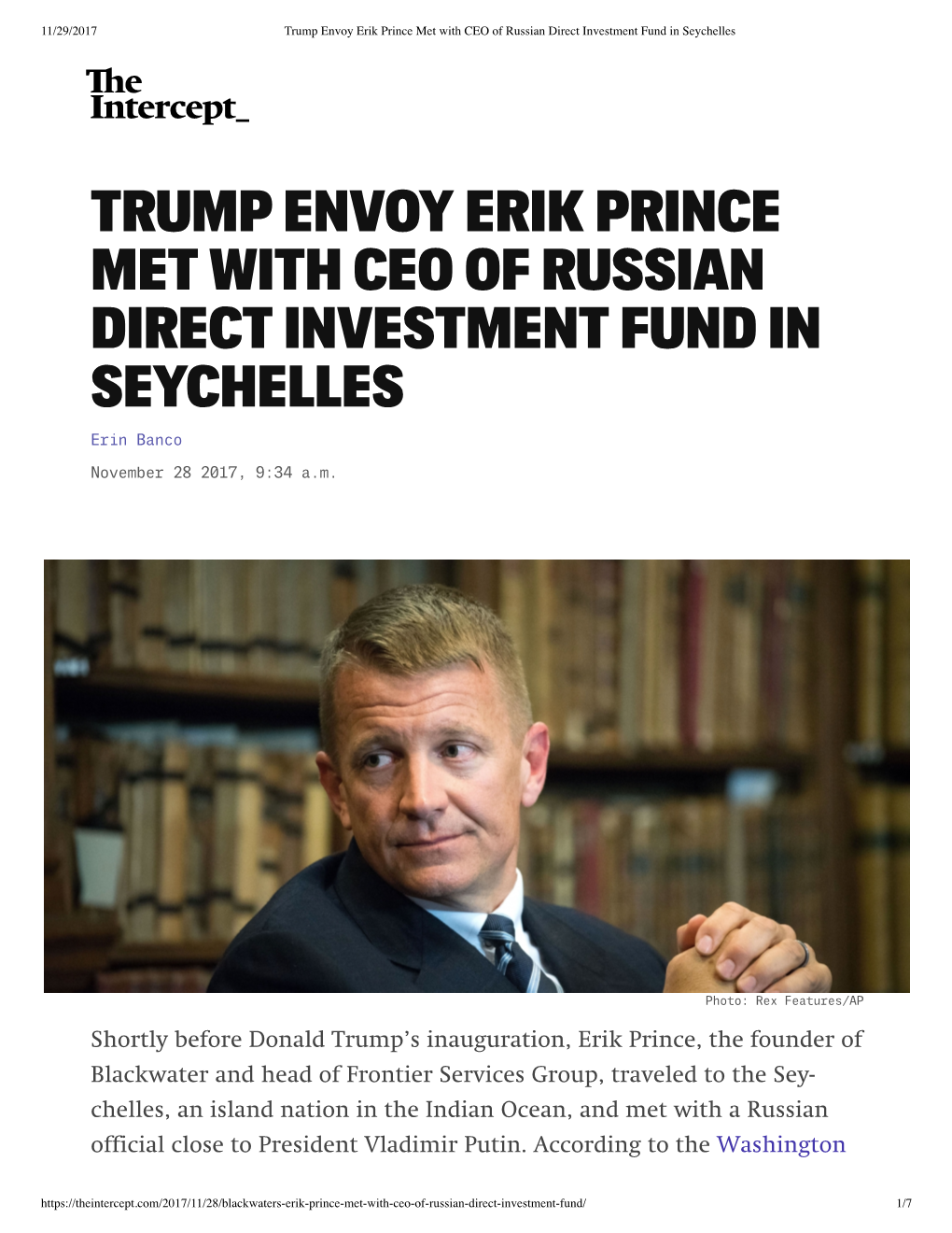 Trump Envoy Erik Prince Met with CEO of Russian Direct Investment Fund in Seychelles
