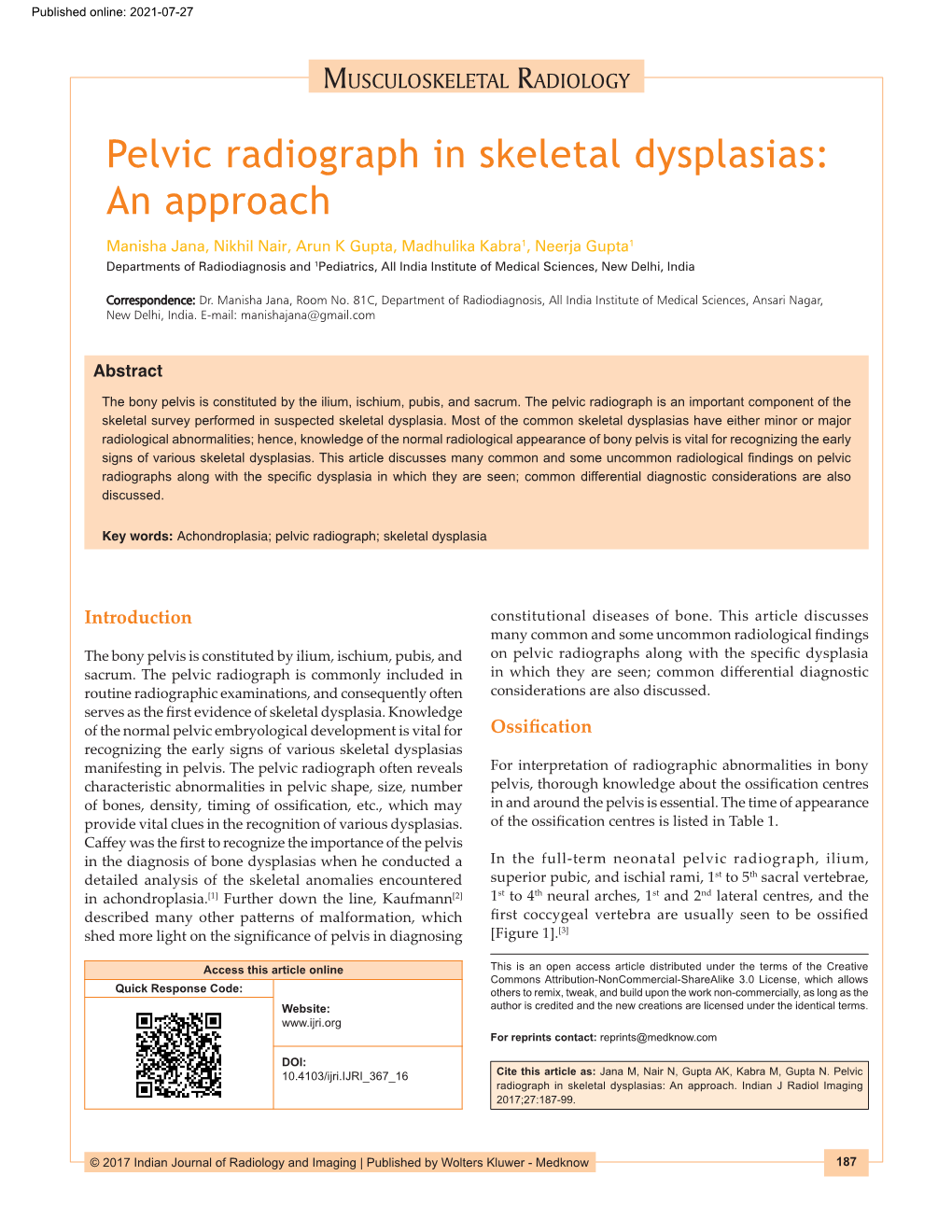 Pelvic Radiograph in Skeletal Dysplasias