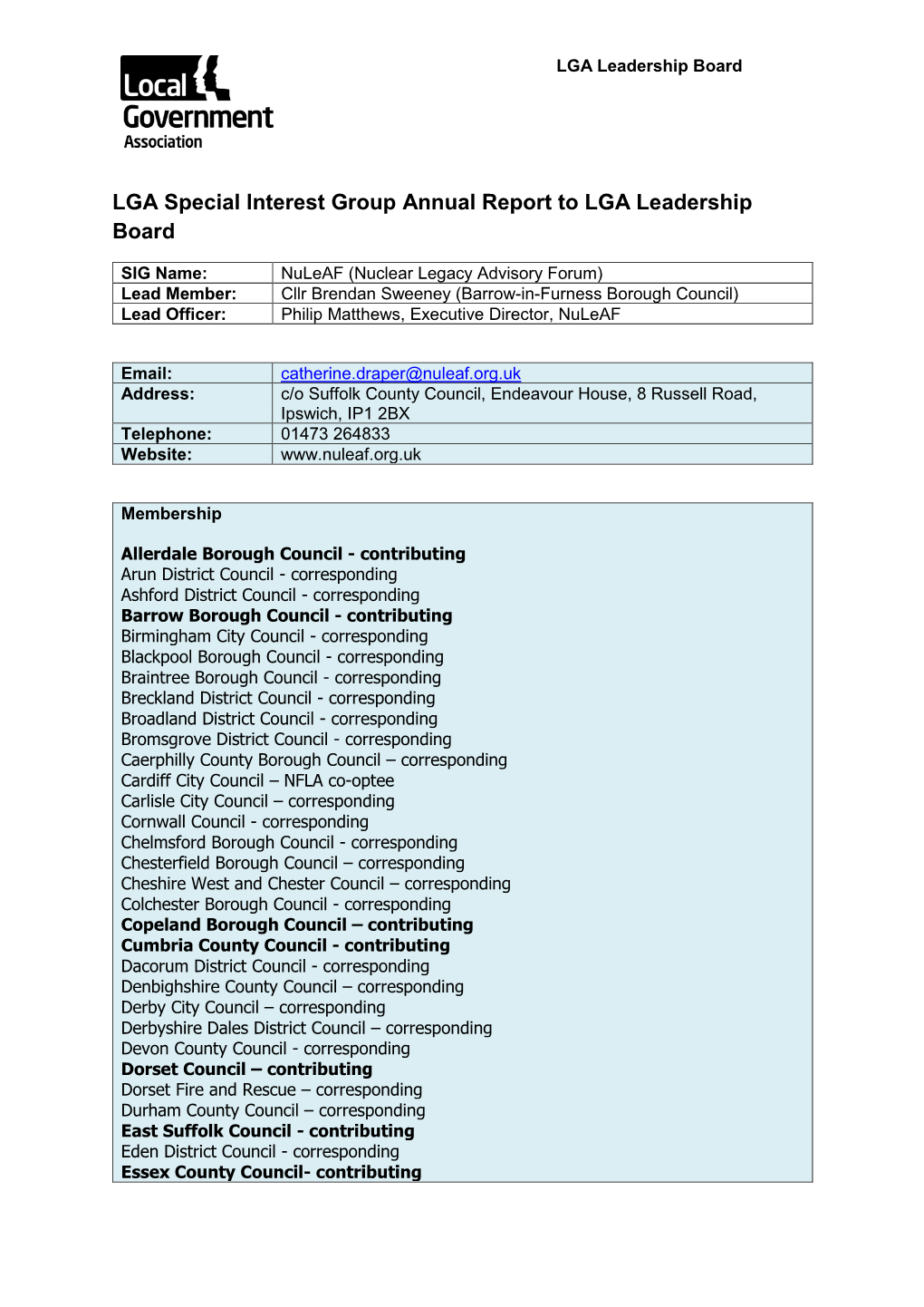 LGA Special Interest Group Annual Report to LGA Leadership Board