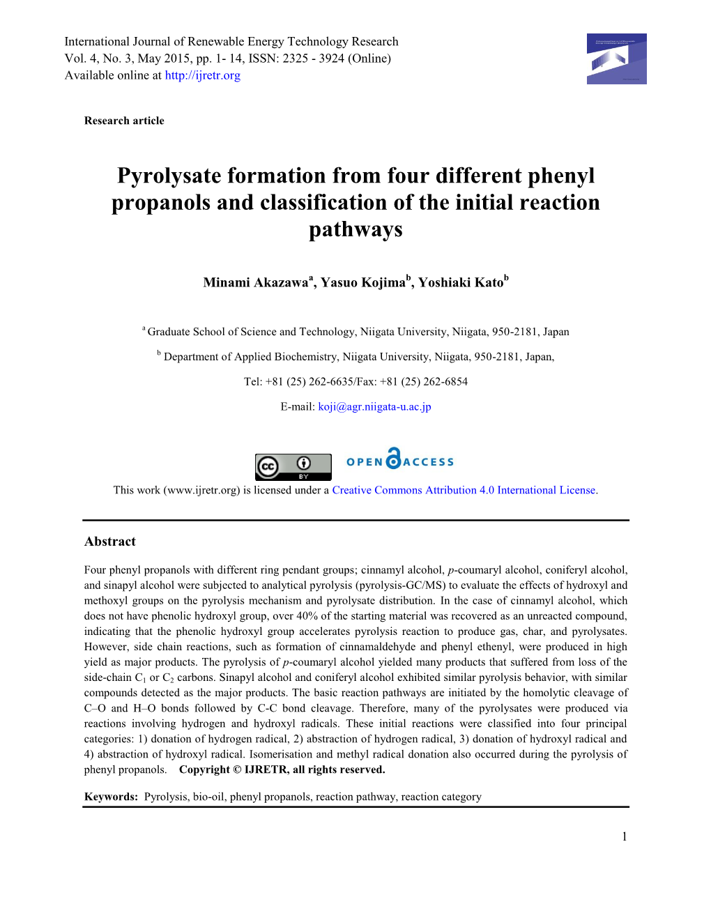 Pyrolysate Formation from Four Different Phenyl Propanols and Classification of the Initial Reaction Pathways