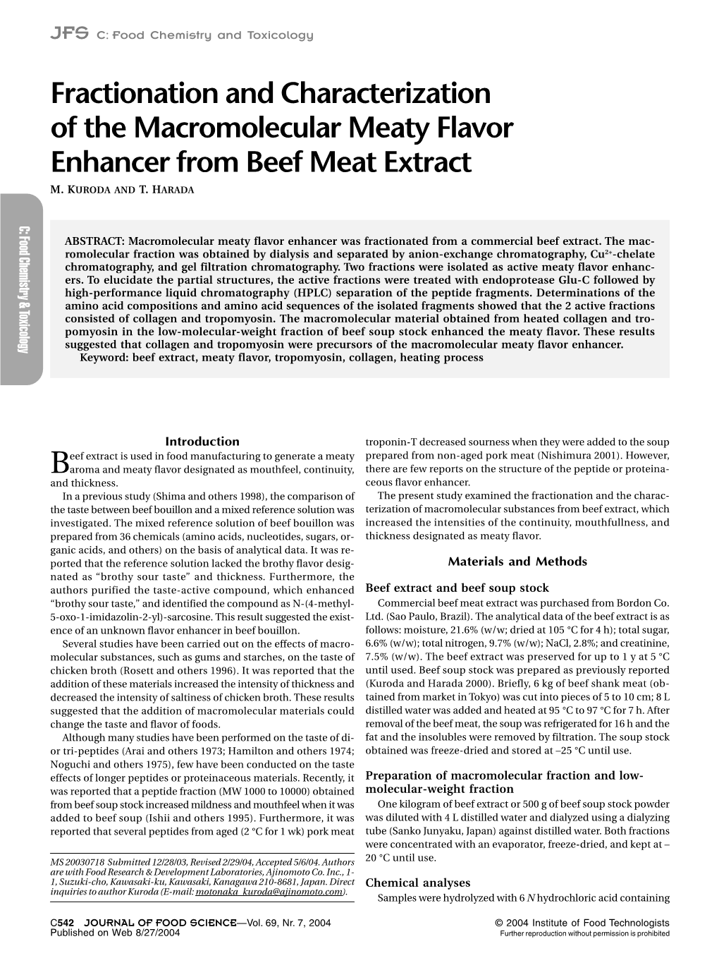 Fractionation and Characterization of the Macromolecular Meaty Flavor Enhancer from Beef Meat Extract M