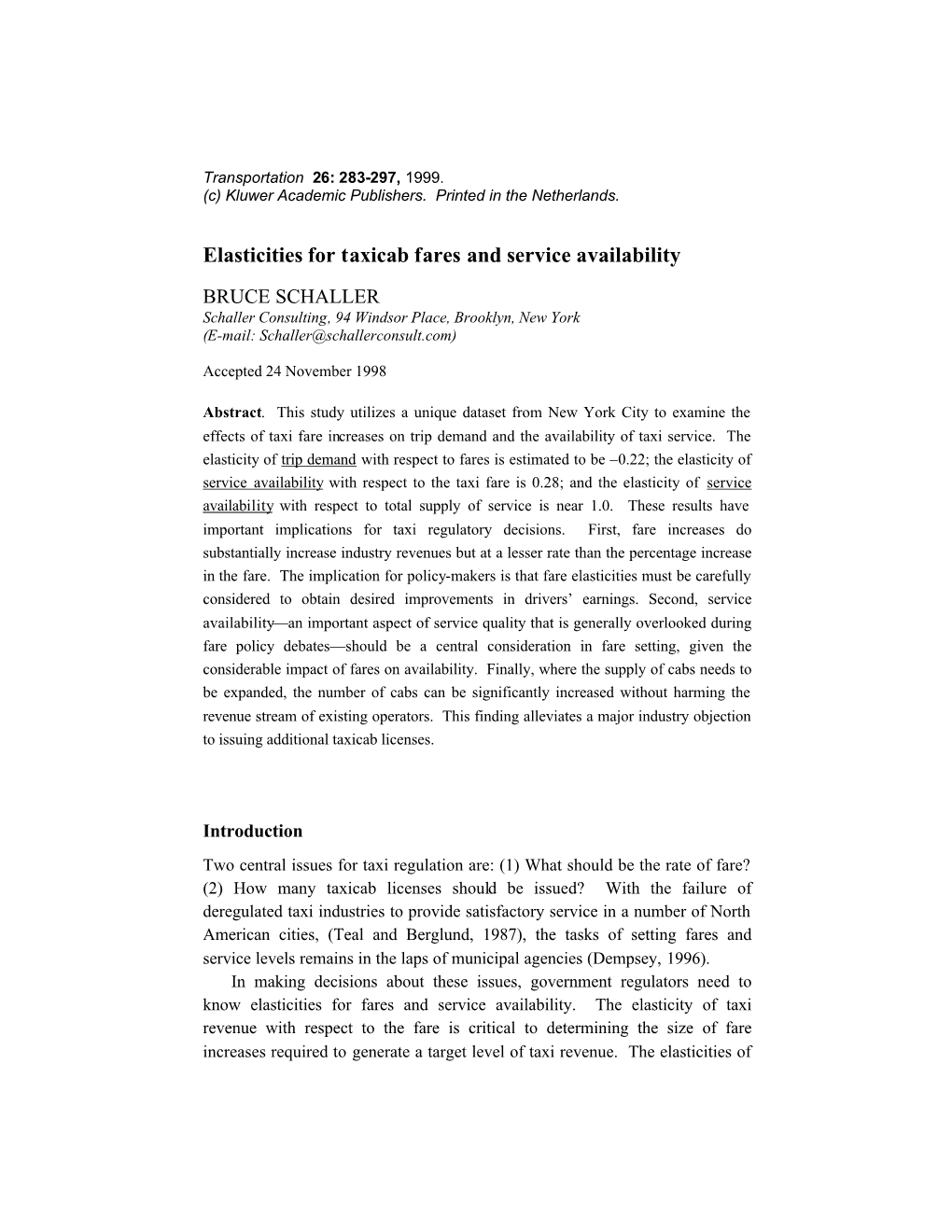 Elasticities for Taxicab Fares and Service Availability